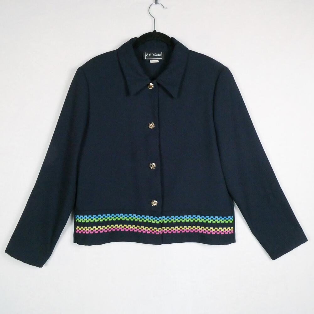 Vintage LL Martin Navy Blue Jacket Size 10 Rainbow Embroidery Hem Shoulder Pads